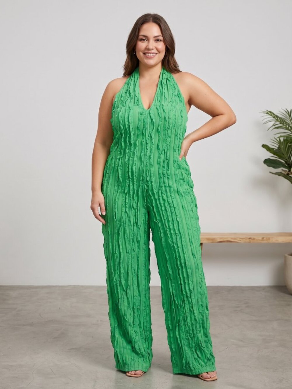 NWT Emerald Green Textured Ruffle Mesh Halter Wide Leg Jumpsuit 2XL